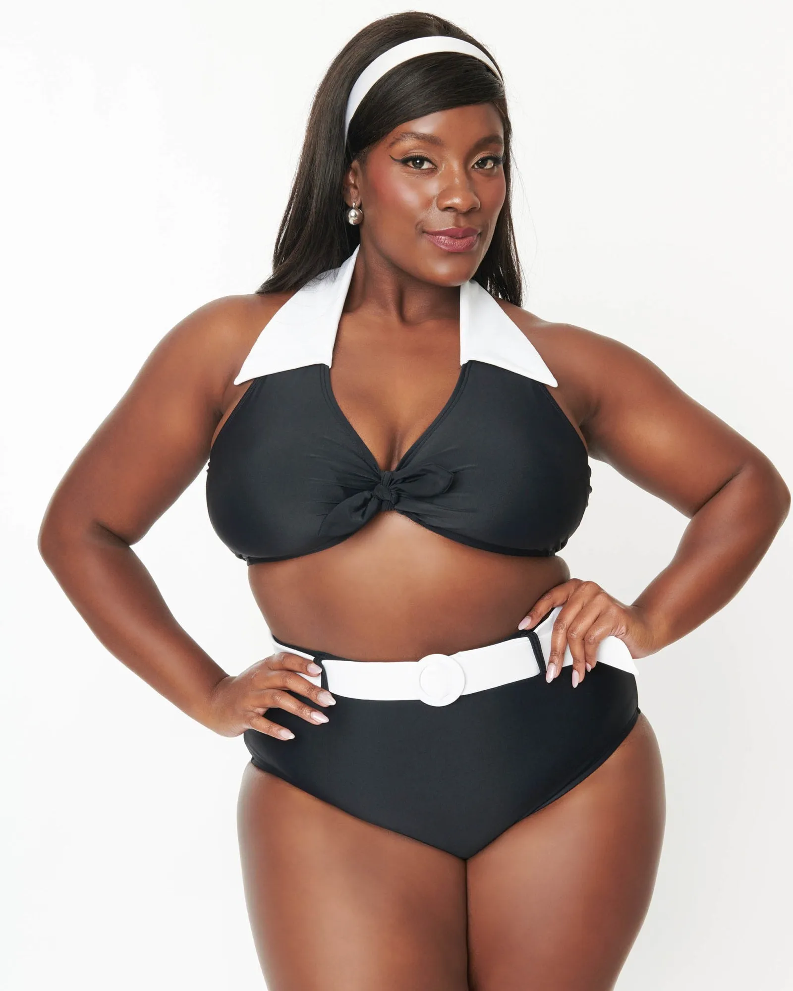 Unique Vintage Black & White Halter Swim Top | Black & White