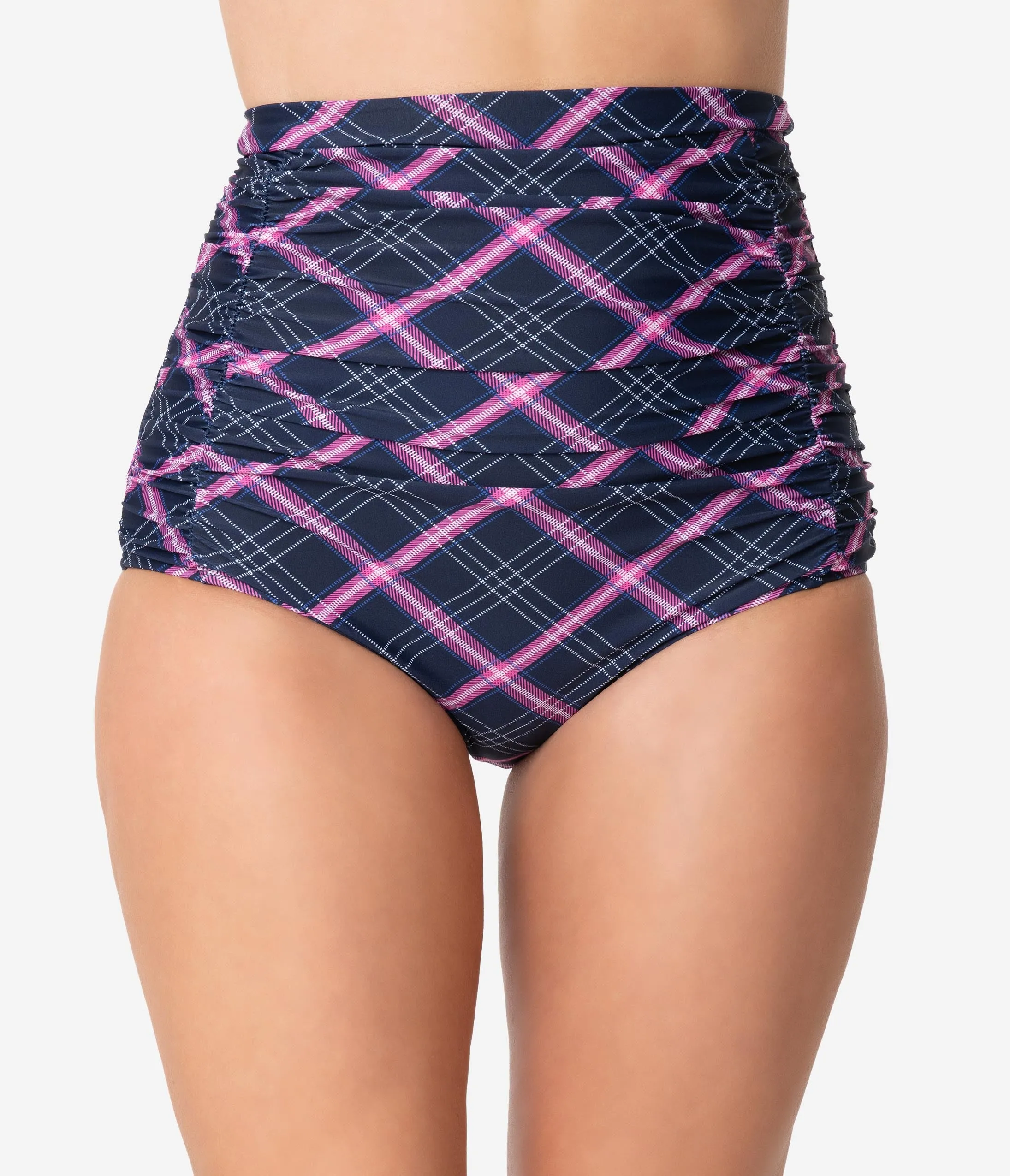 Unique Vintage Navy & Pink Plaid Monroe High Waist Swim Bottom