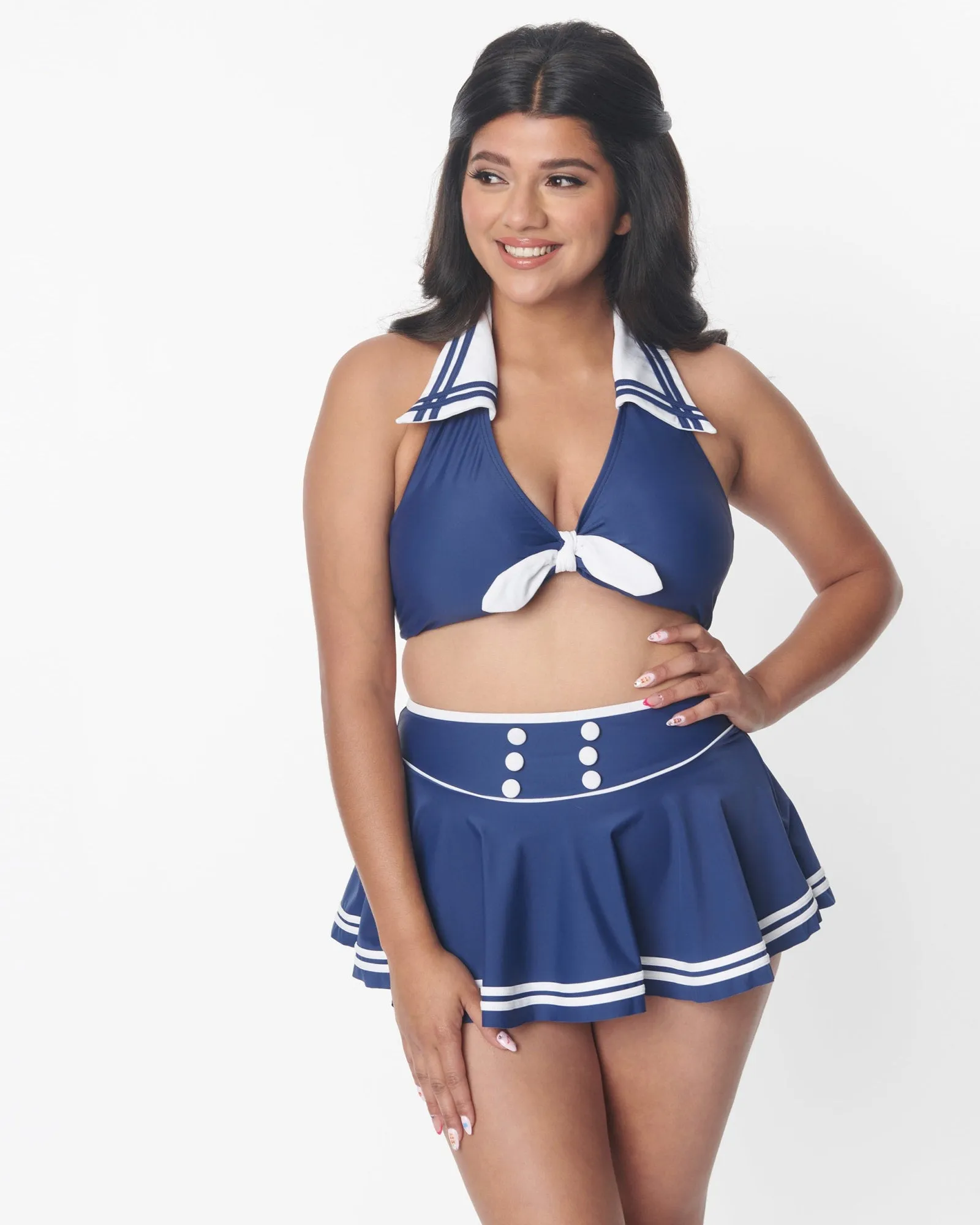 Unique Vintage Navy & White Nautical Swim Skirt | Blue/White Stripes