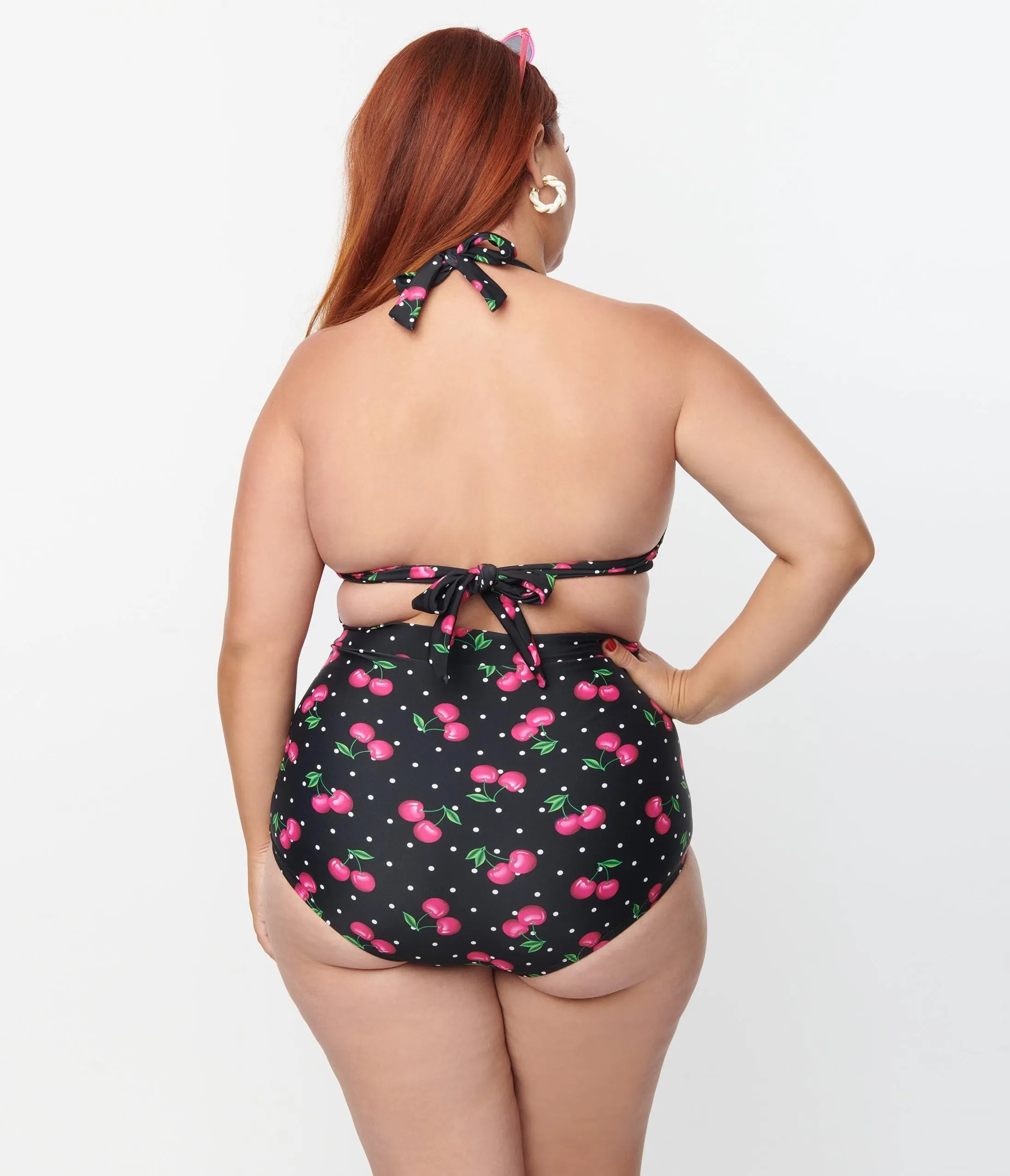 Unique Vintage Plus Size 1950s Black & Hot Pink Cherry Pin Dot Monroe Swim Bottom