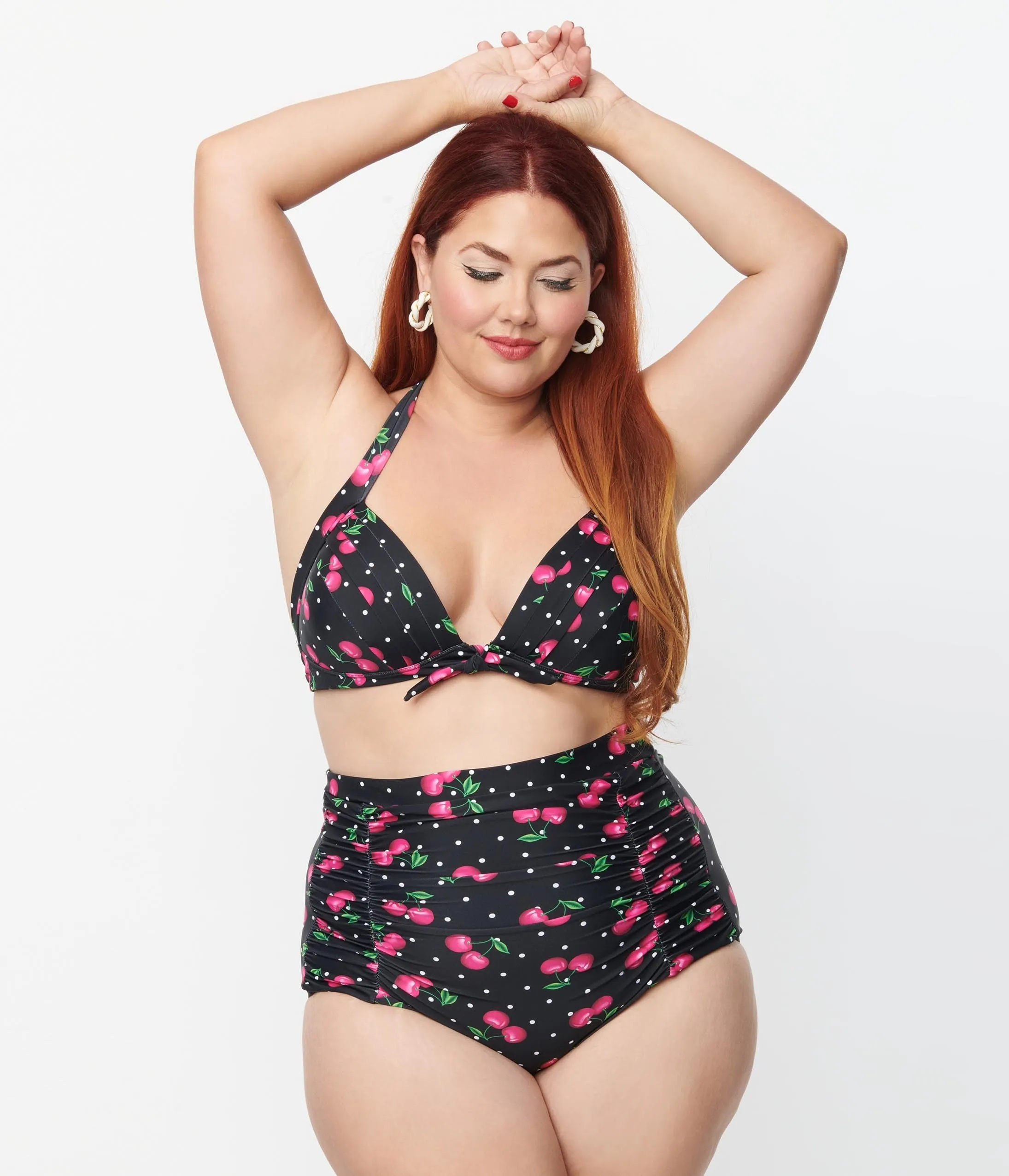 Unique Vintage Plus Size 1950s Black & Hot Pink Cherry Pin Dot Monroe Swim Bottom