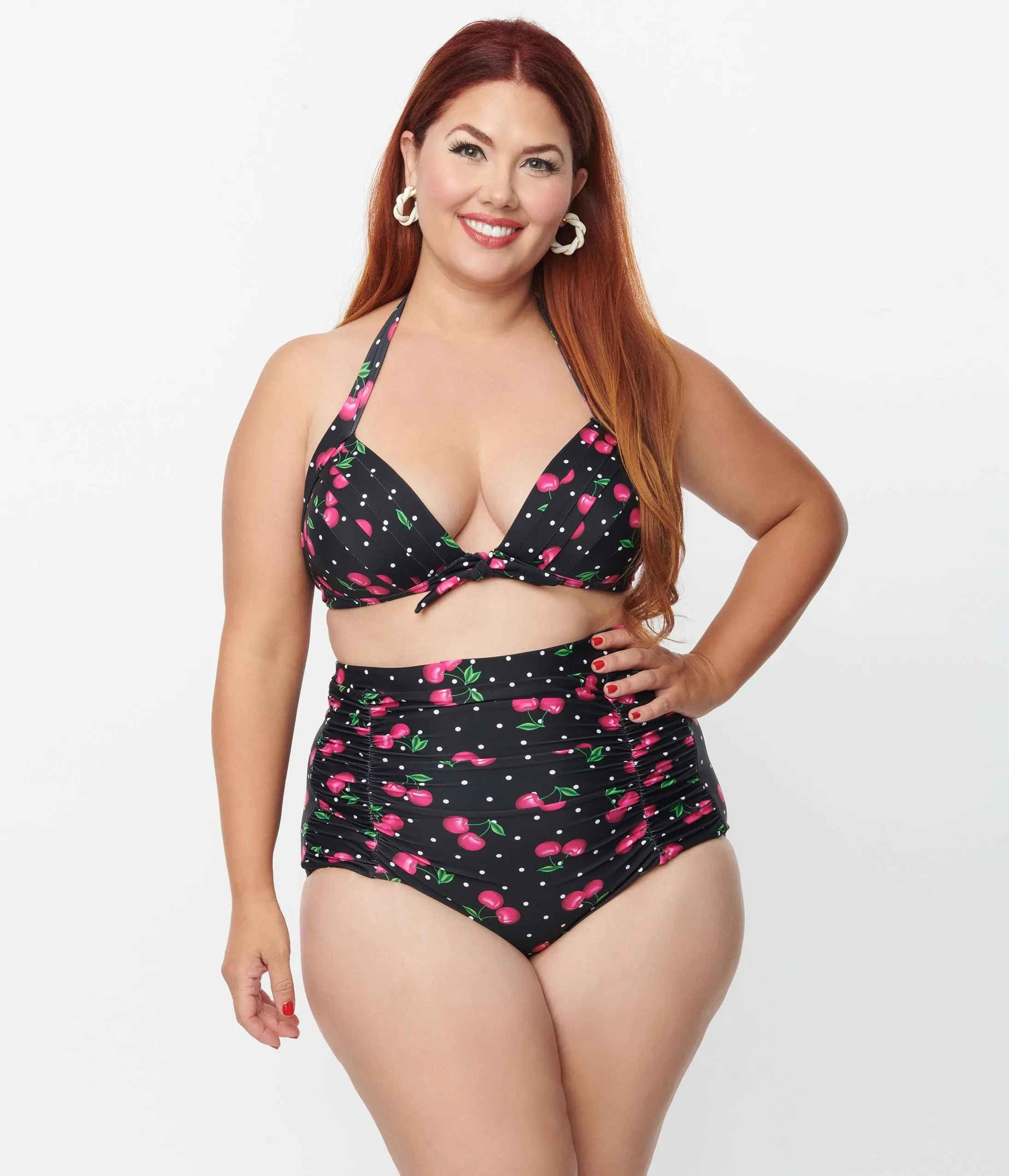 Unique Vintage Plus Size 1950s Black & Hot Pink Cherry Pin Dot Monroe Swim Bottom