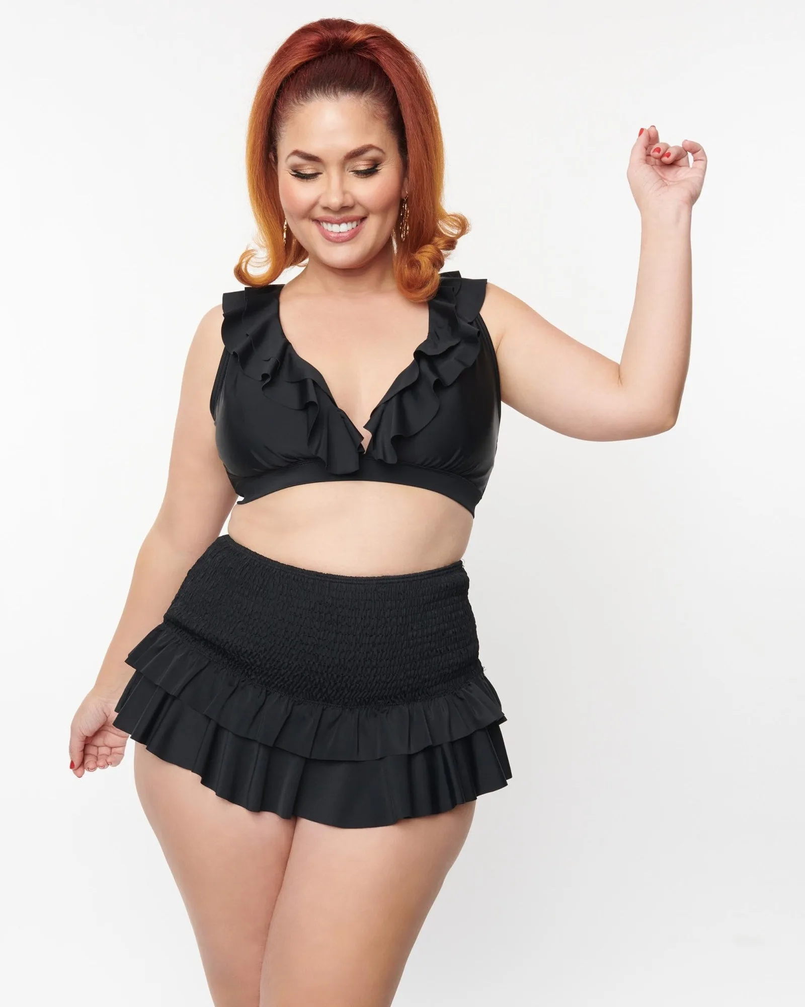 Unique Vintage Plus Size Black Smocked Ruffle Swim Bottom | Black