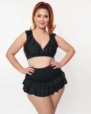Unique Vintage Plus Size Black Smocked Ruffle Swim Bottom | Black