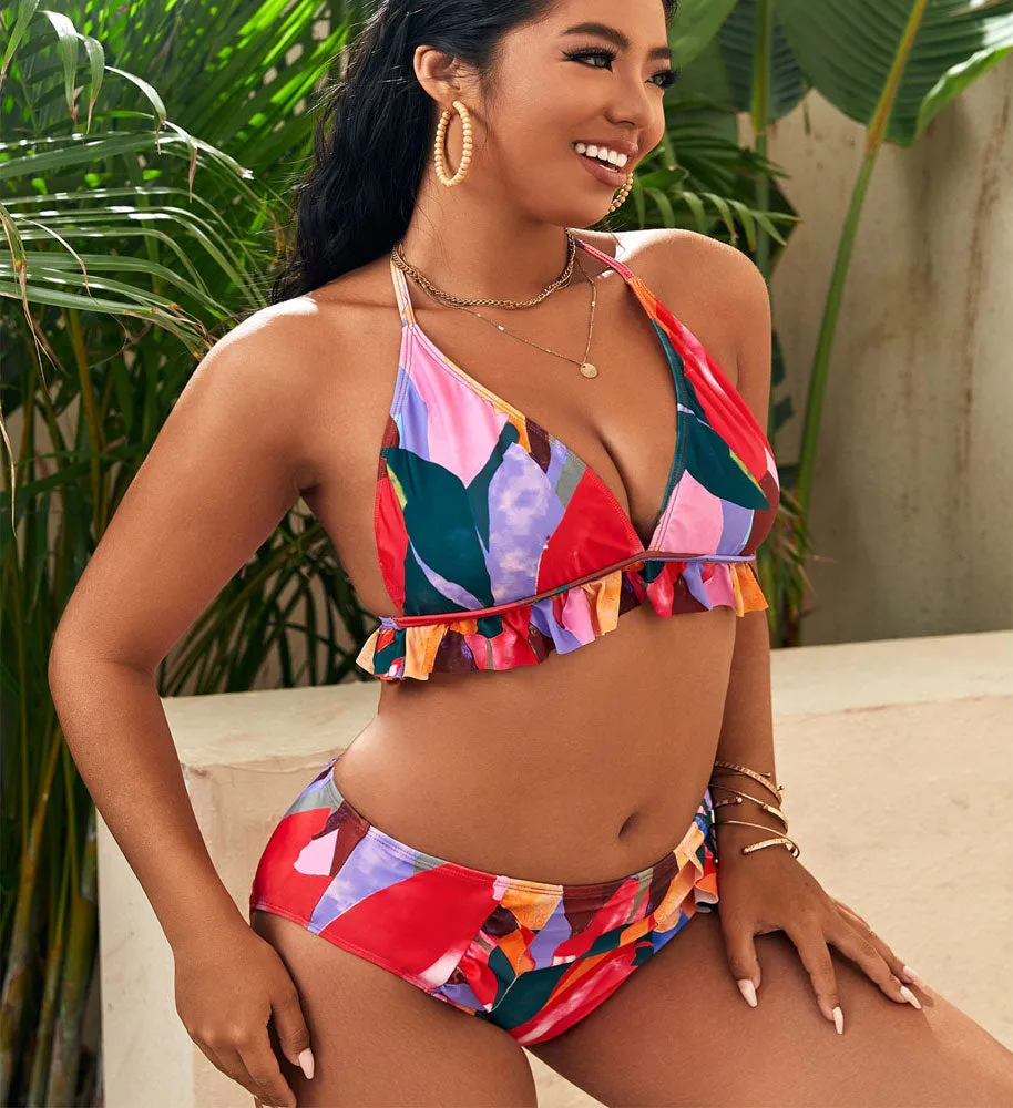 Upopby Abstract Print Swimsuit Halter Backless Bikini Set