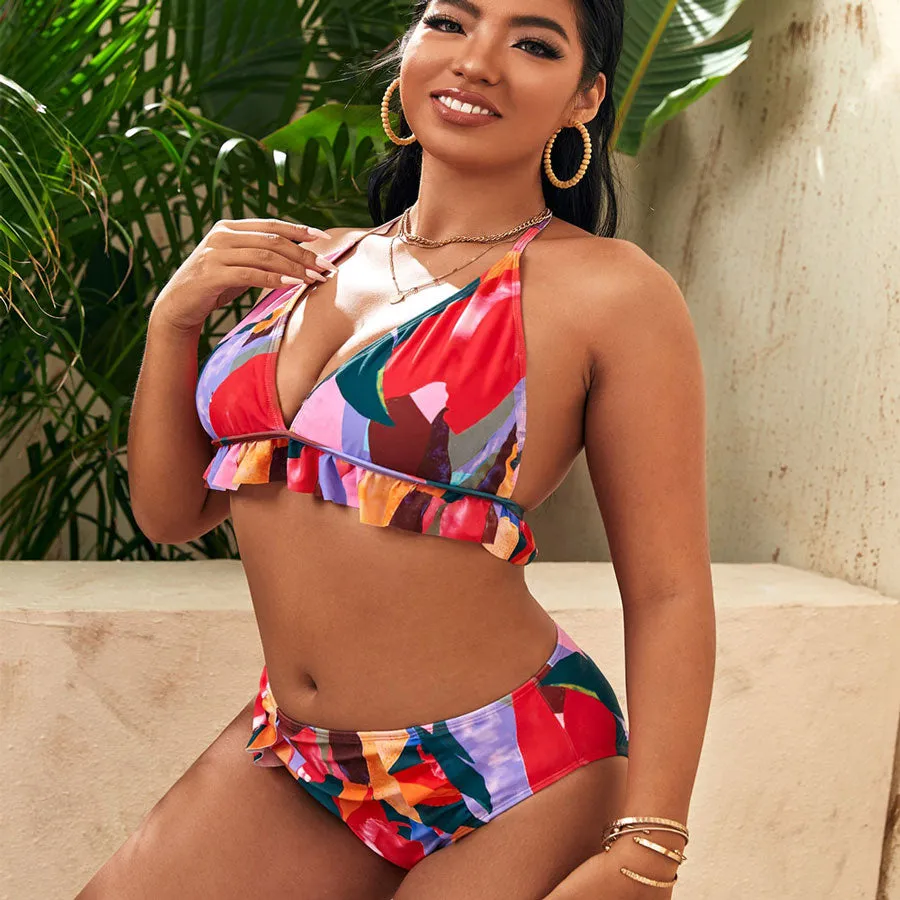 Upopby Abstract Print Swimsuit Halter Backless Bikini Set
