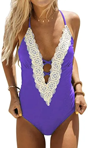 Upopby Deep V-Neck Retro Lace Fashion One-Piece Swimsuit