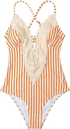 Upopby Deep V-Neck Retro Lace Fashion One-Piece Swimsuit