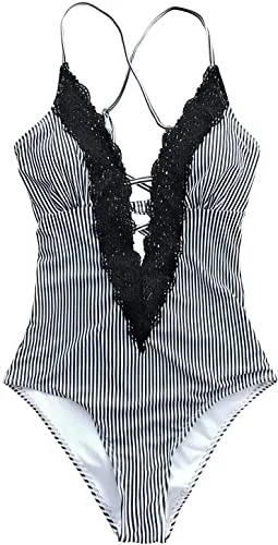 Upopby Deep V-Neck Retro Lace Fashion One-Piece Swimsuit