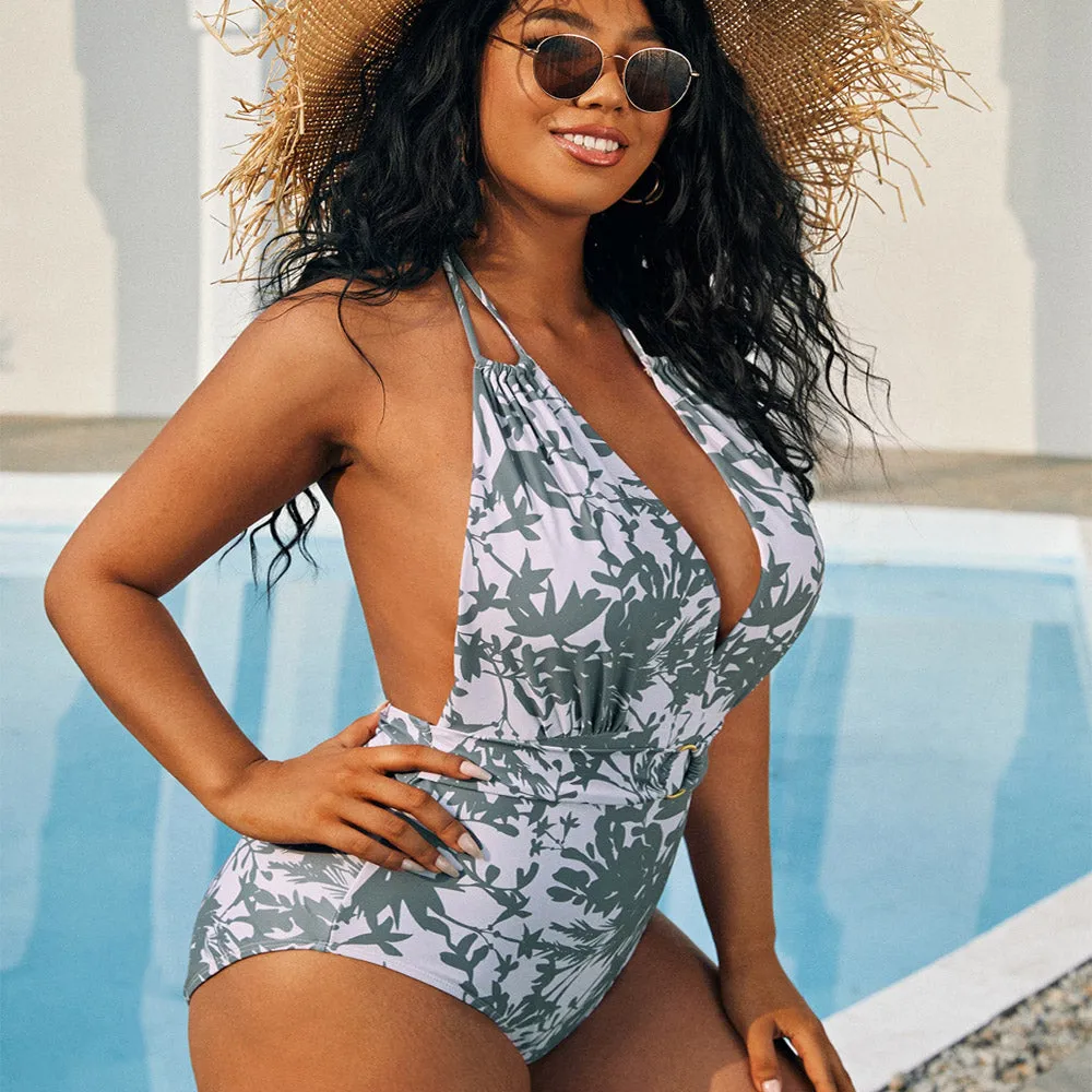 Upopby Leaf Printed Halter Backless One-piece Swimsuit Plus Size