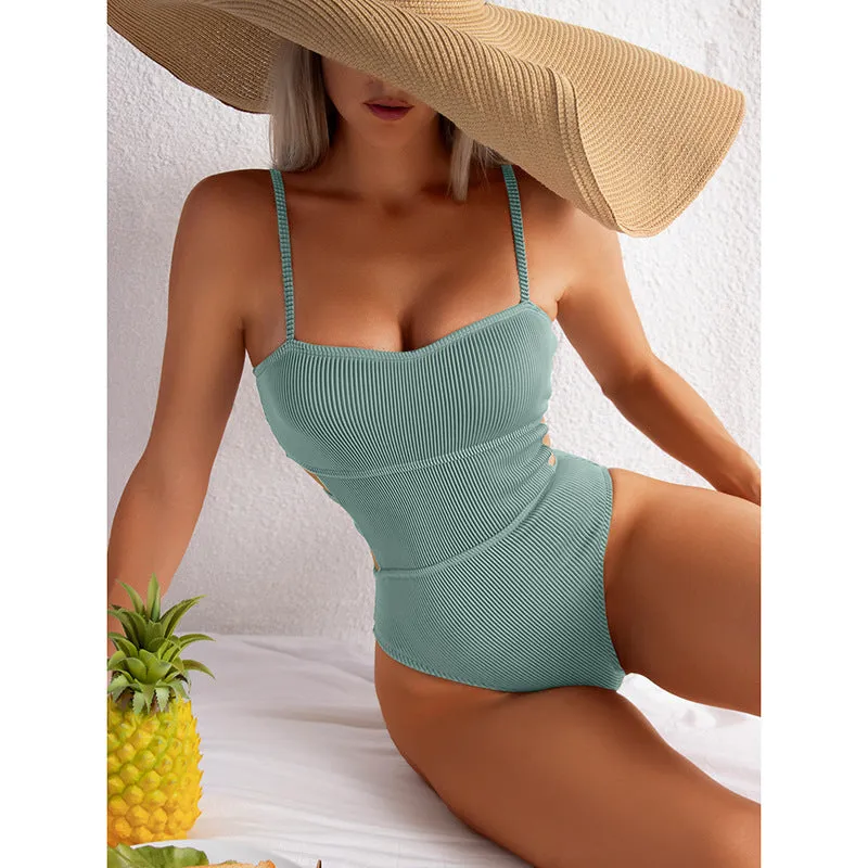 Upopby Solid Bandeau Hollow One-Piece Swimsuit