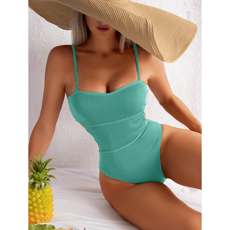 Upopby Solid Bandeau Hollow One-Piece Swimsuit