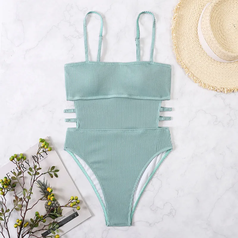 Upopby Solid Bandeau Hollow One-Piece Swimsuit