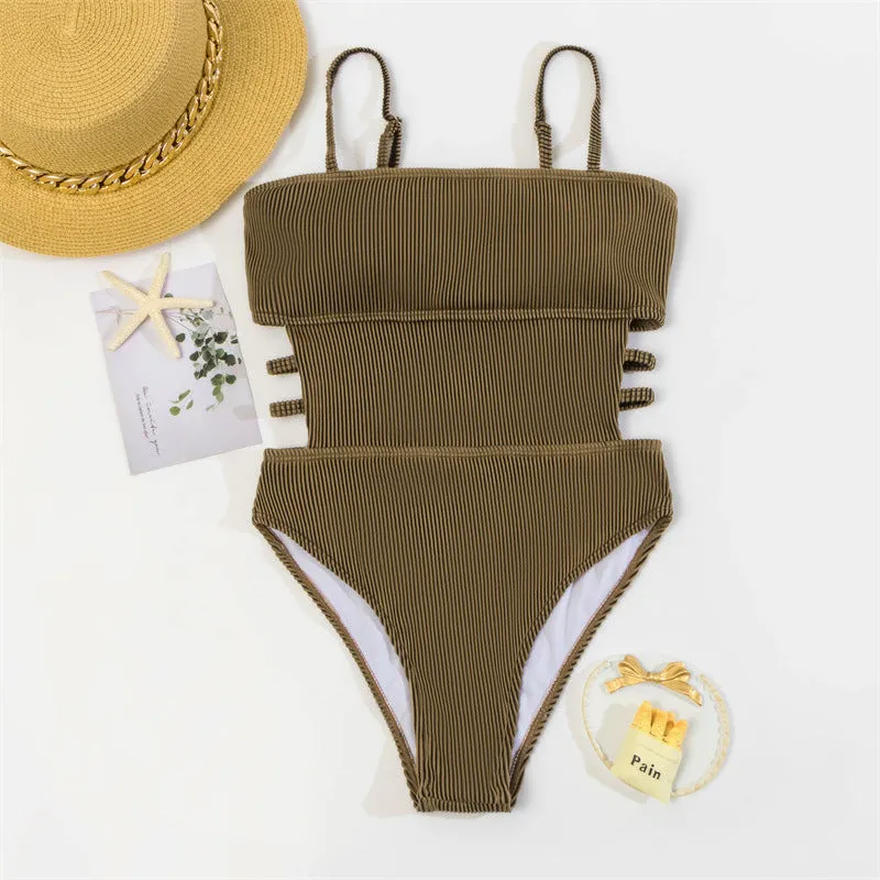 Upopby Solid Bandeau Hollow One-Piece Swimsuit