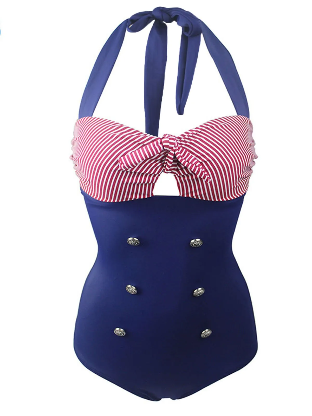 Upopby Stripe Patchwork Halter One-Piece Swimsuit