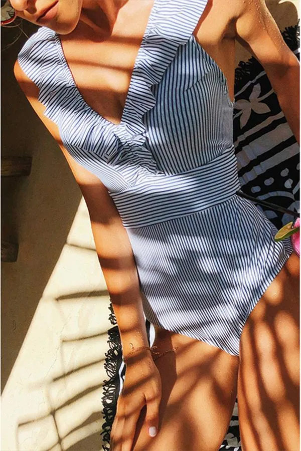 Upopby Stripe Ruffle One Piece Swimsuit