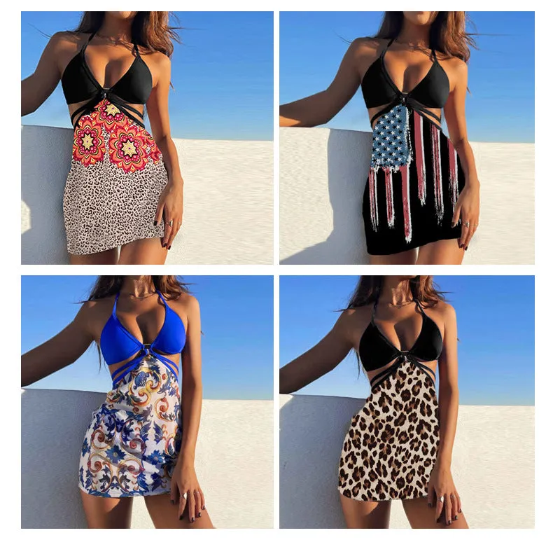 Upopby V-Neck Long Bottom Halter One-Piece Swimsuit