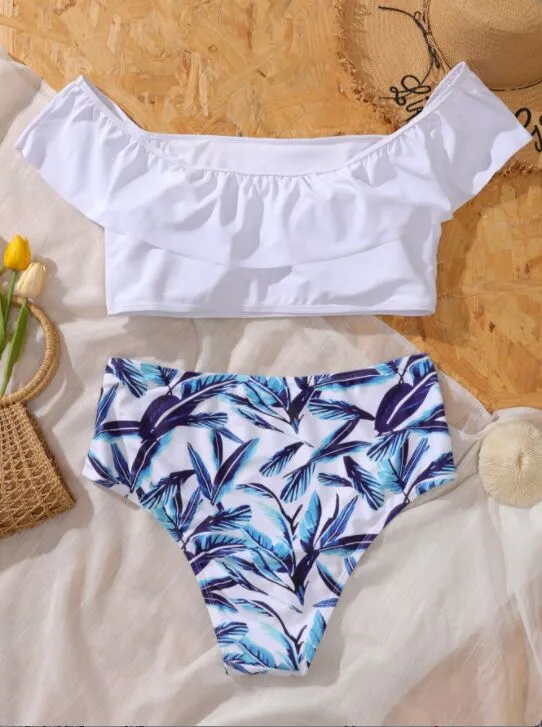 Upopby White Cold Shoulder Swimsuit Ruffled High Waist Bikini Set