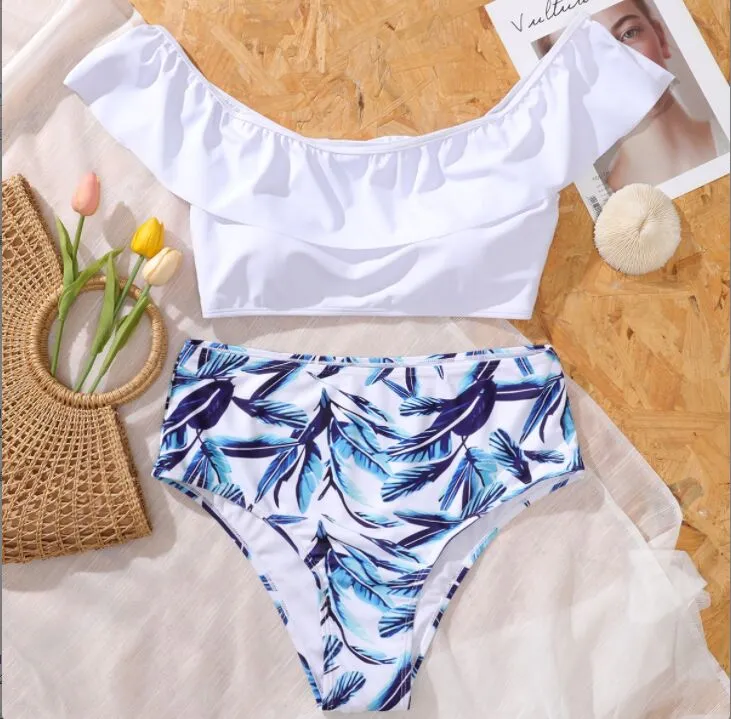 Upopby White Cold Shoulder Swimsuit Ruffled High Waist Bikini Set