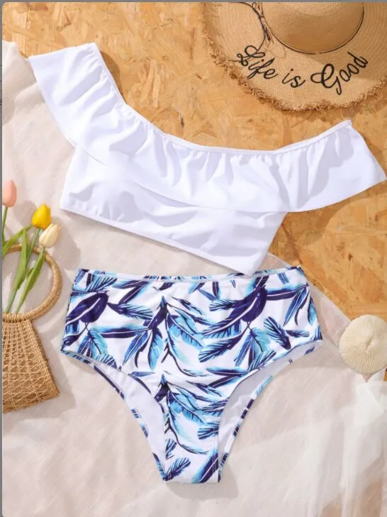 Upopby White Cold Shoulder Swimsuit Ruffled High Waist Bikini Set
