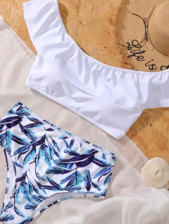 Upopby White Cold Shoulder Swimsuit Ruffled High Waist Bikini Set
