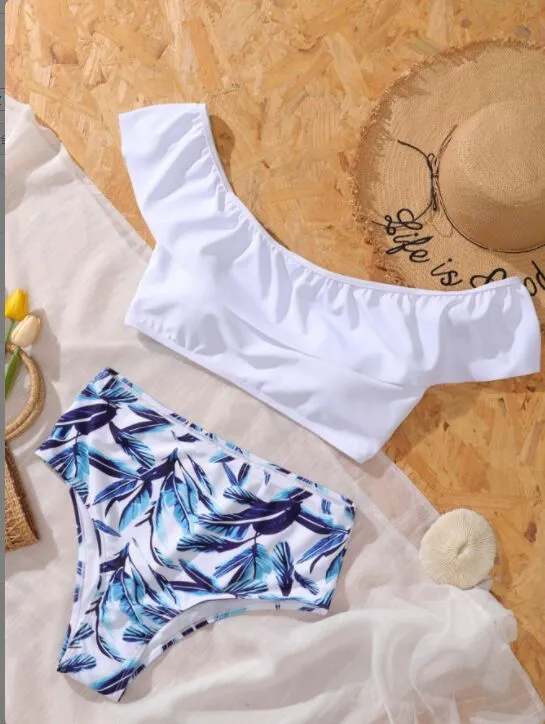 Upopby White Cold Shoulder Swimsuit Ruffled High Waist Bikini Set