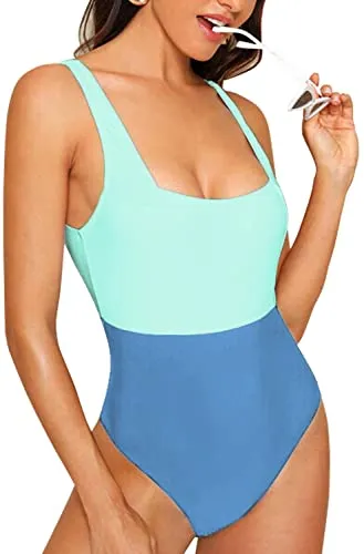 Upopby Women's Color Block High Waist Sports One-Piece Swimsuit