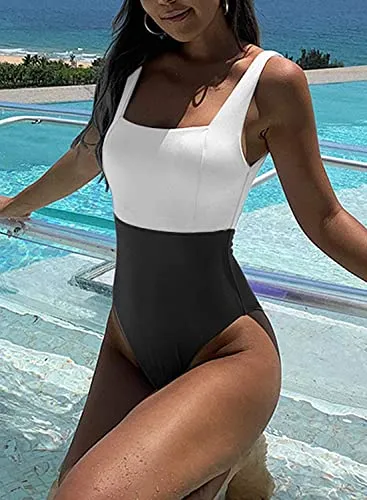 Upopby Women's Color Block High Waist Sports One-Piece Swimsuit