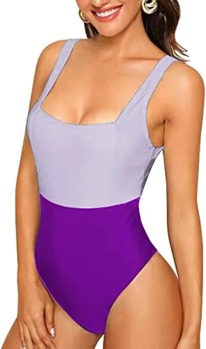 Upopby Women's Color Block High Waist Sports One-Piece Swimsuit