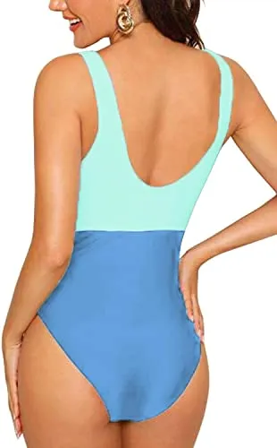 Upopby Women's Color Block High Waist Sports One-Piece Swimsuit
