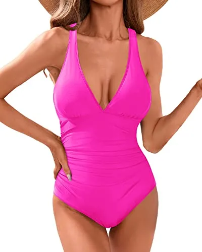 V Neck One Piece Swimsuits Sexy Criss Cross Back Ruched Swimwear-Neon Pink