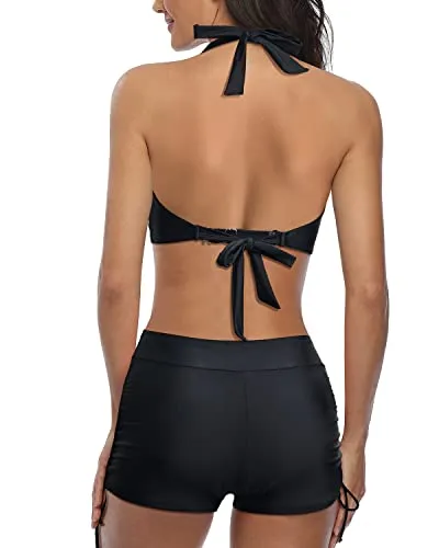 V Neck Push Up Bikini With Boyshort Two Piece Swimsuit-Black