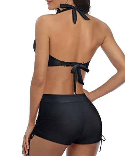 V Neck Push Up Bikini With Boyshort Two Piece Swimsuit-Black