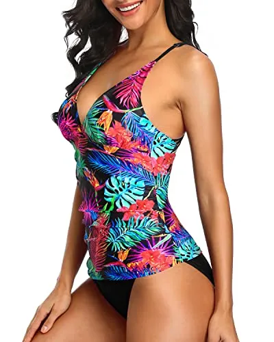 V Neck Tummy Control Tankini Set For Women Two Piece Swimsuit-Dark Green Leaves