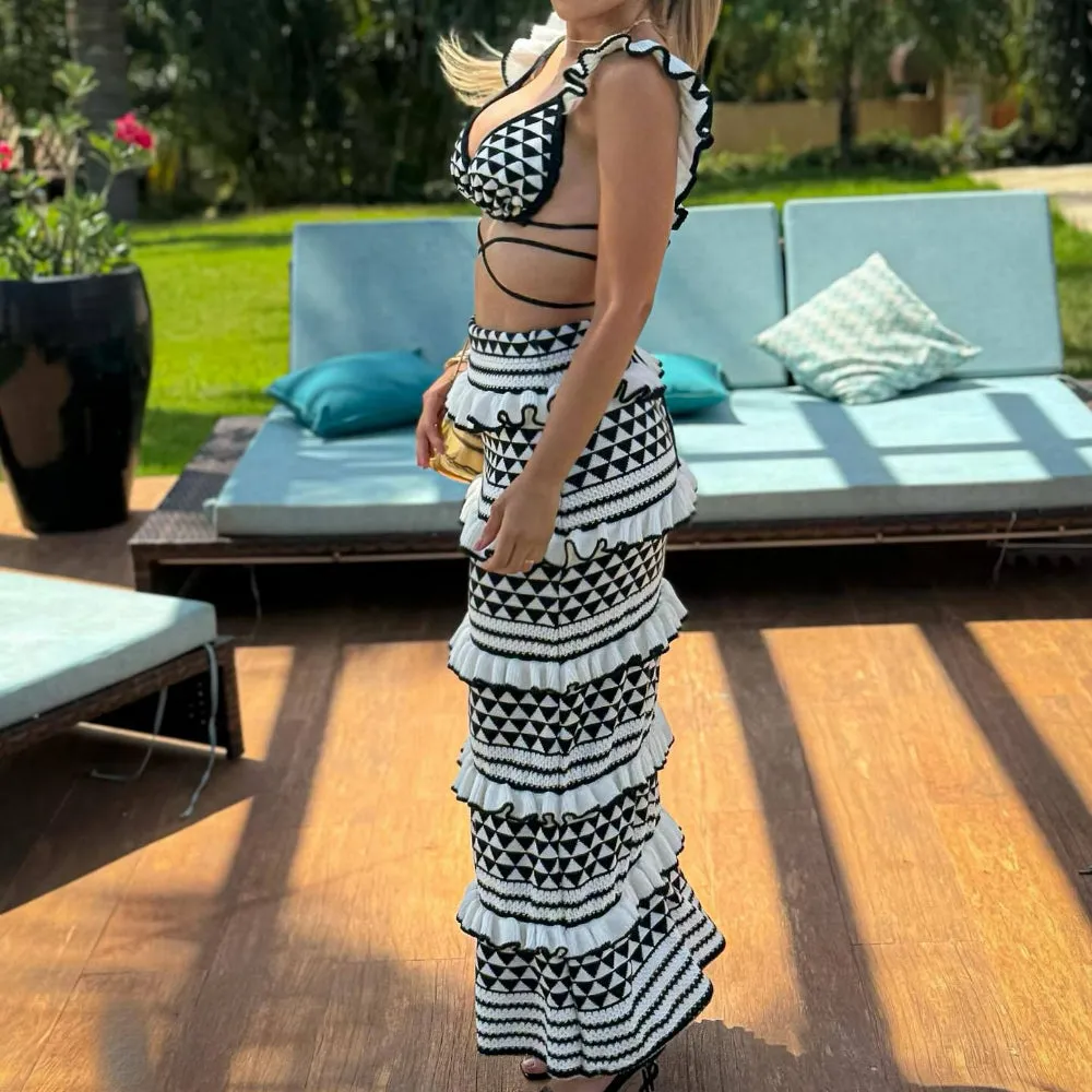 Vacation 2 Piece Set 2024 Striped Knitted Beach Skirt Sets