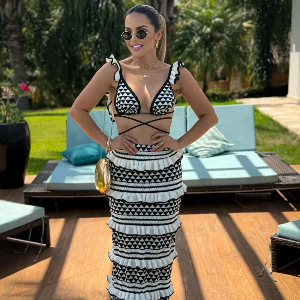 Vacation 2 Piece Set 2024 Striped Knitted Beach Skirt Sets
