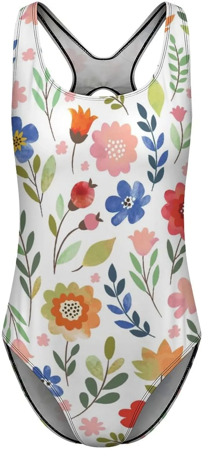 Varied Little Floral Lady One Piece Swimsuits Criss Cross Back Scoop Neck Breathable Tummy Control Swimsuits