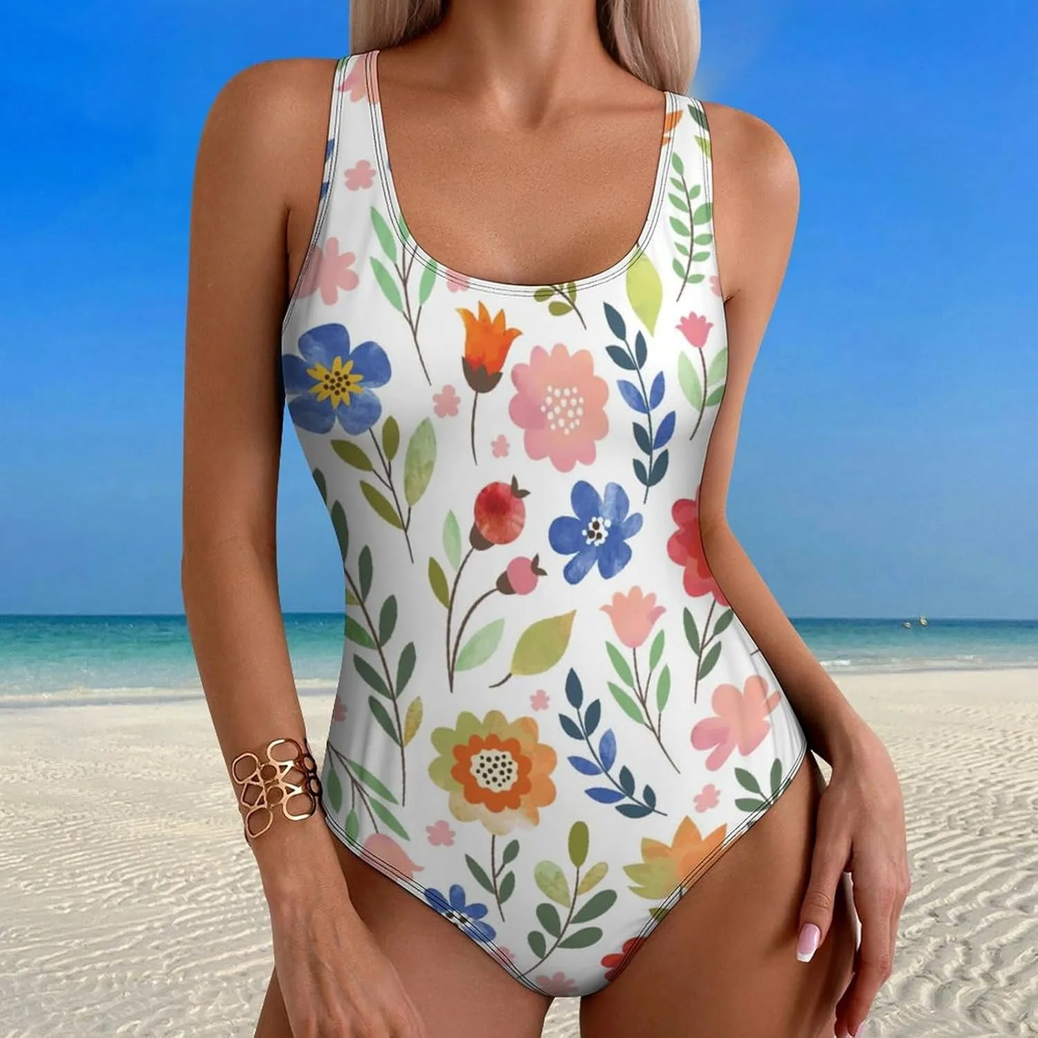 Varied Little Floral Lady One Piece Swimsuits Criss Cross Back Scoop Neck Breathable Tummy Control Swimsuits