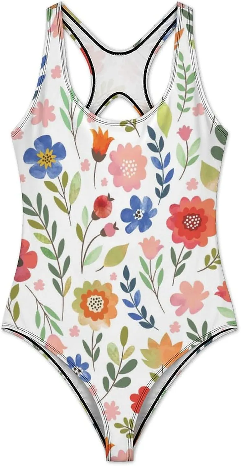 Varied Little Floral Lady One Piece Swimsuits Criss Cross Back Scoop Neck Breathable Tummy Control Swimsuits