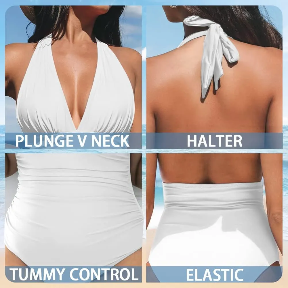 Veniyate Women's One Piece Swimsuit Halter Ruched Swimwear Cutout Tummy Control Bathing Suit