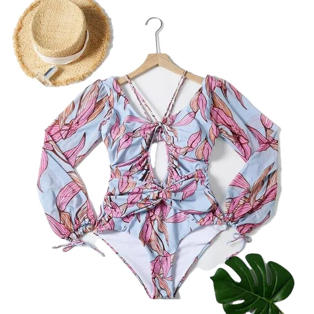 Vintage Female Long Sleeve Swimwear Plus Size One Piece