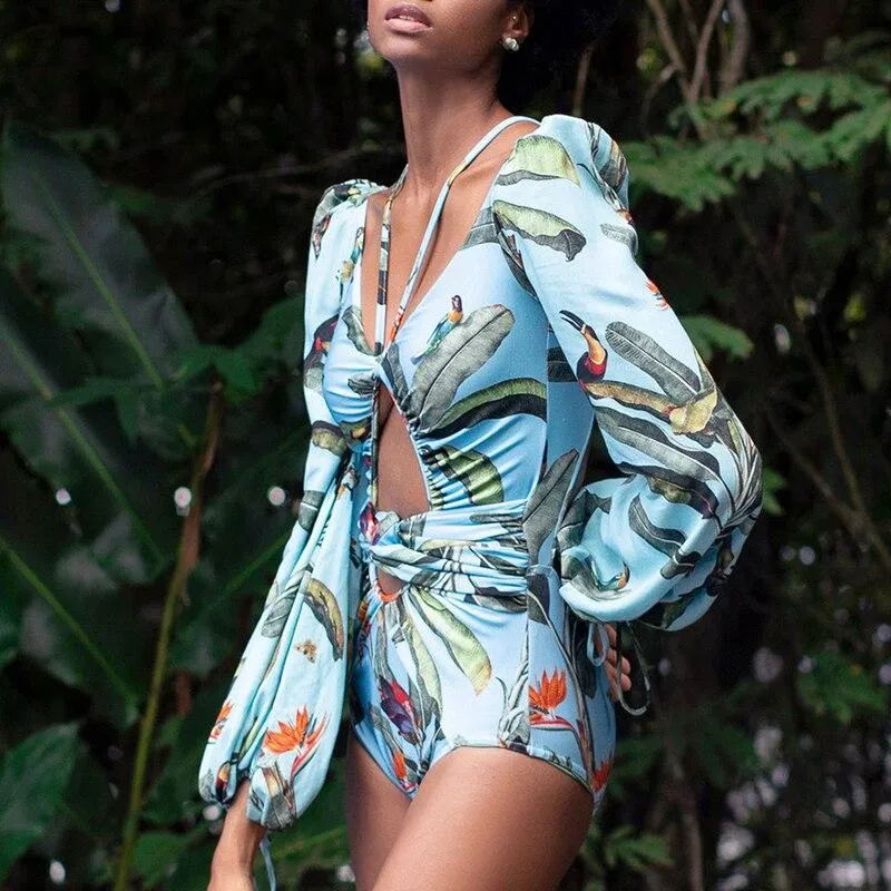 Vintage Female Long Sleeve Swimwear Plus Size One Piece