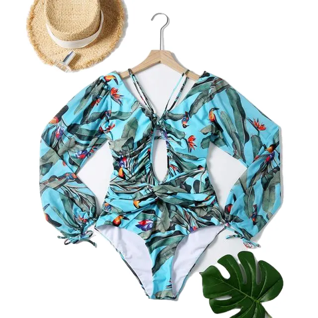 Vintage Female Long Sleeve Swimwear Plus Size One Piece