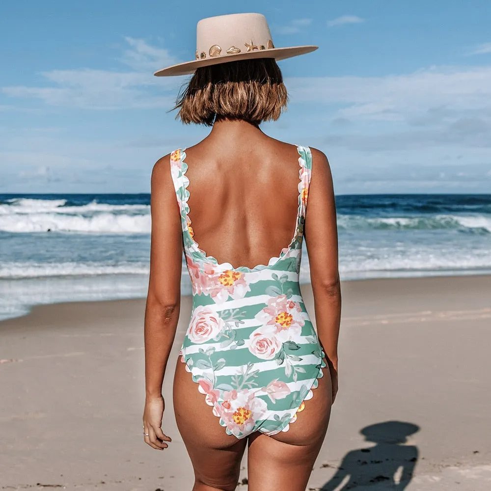 Voguable  Floral and Striped One Piece Swimsuit Sexy Open Back Swimwear Women Monokini Swimsuit Bodysuit Bathing Suit Beachwear