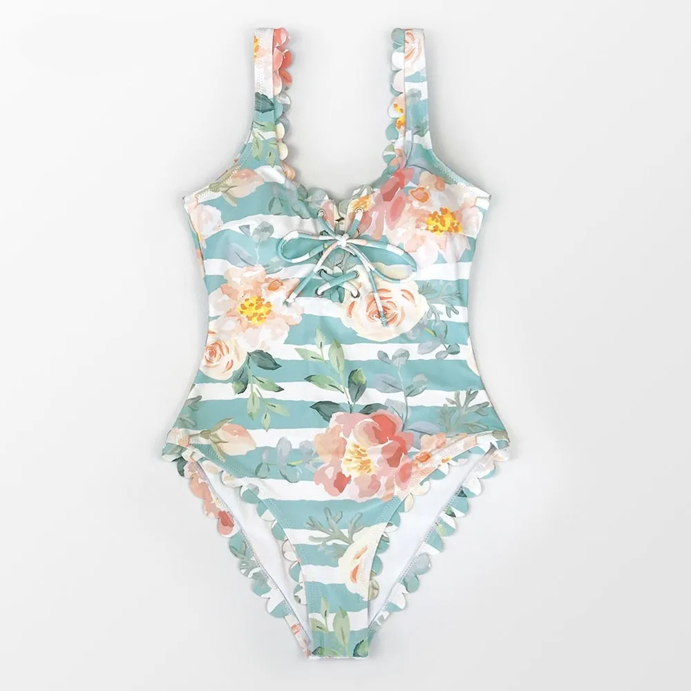 Voguable  Floral and Striped One Piece Swimsuit Sexy Open Back Swimwear Women Monokini Swimsuit Bodysuit Bathing Suit Beachwear
