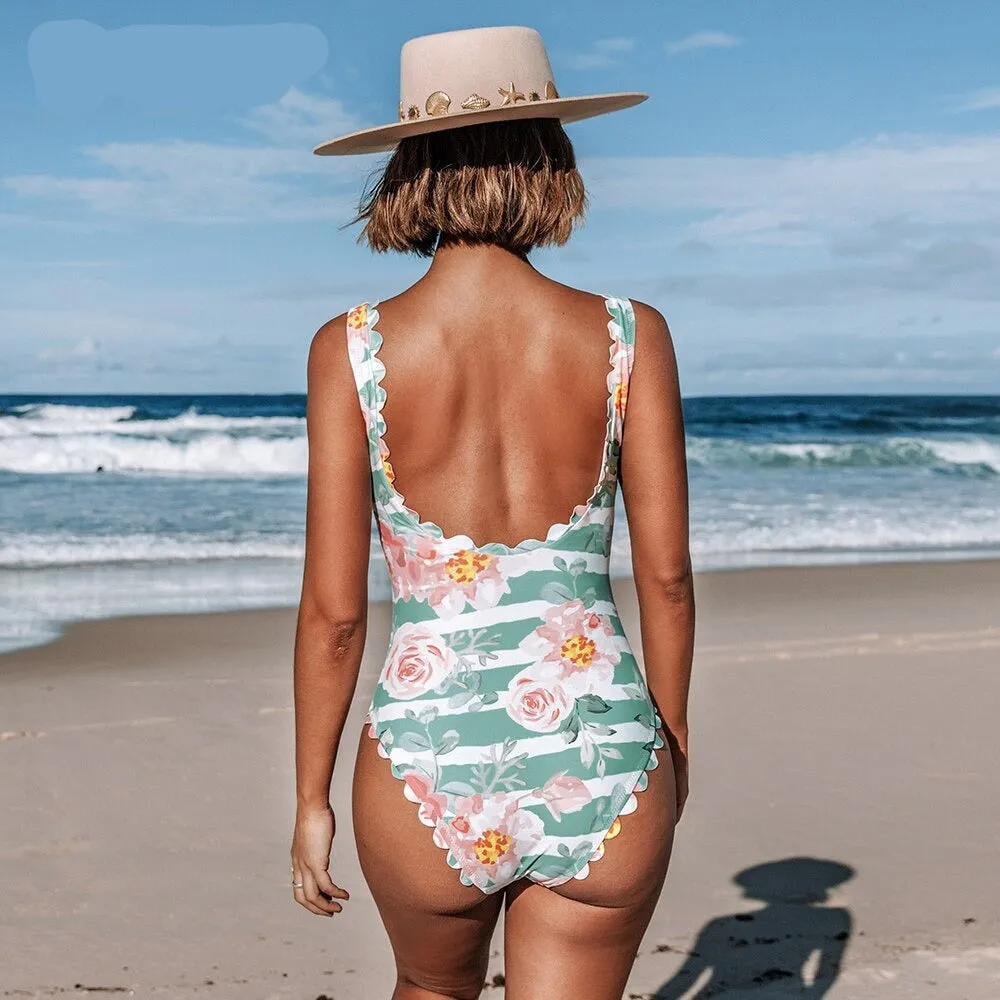 Voguable  Floral and Striped One Piece Swimsuit Sexy Open Back Swimwear Women Monokini Swimsuit Bodysuit Bathing Suit Beachwear