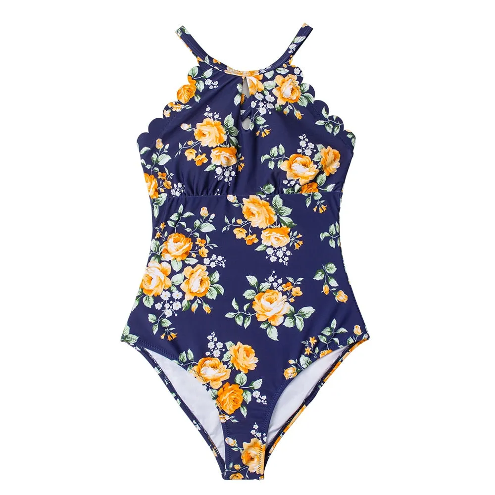 Voguable  Floral and Striped One Piece Swimsuit Sexy Open Back Swimwear Women Monokini Swimsuit Bodysuit Bathing Suit Beachwear