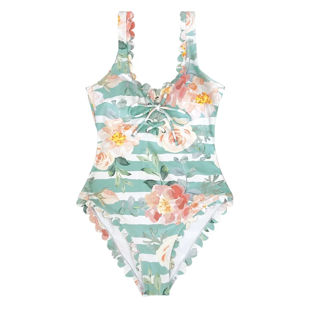 Voguable  Floral and Striped One Piece Swimsuit Sexy Open Back Swimwear Women Monokini Swimsuit Bodysuit Bathing Suit Beachwear