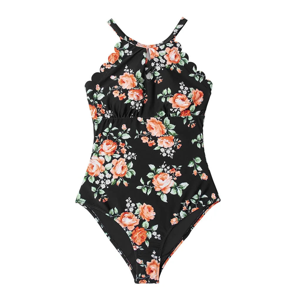 Voguable  Floral and Striped One Piece Swimsuit Sexy Open Back Swimwear Women Monokini Swimsuit Bodysuit Bathing Suit Beachwear