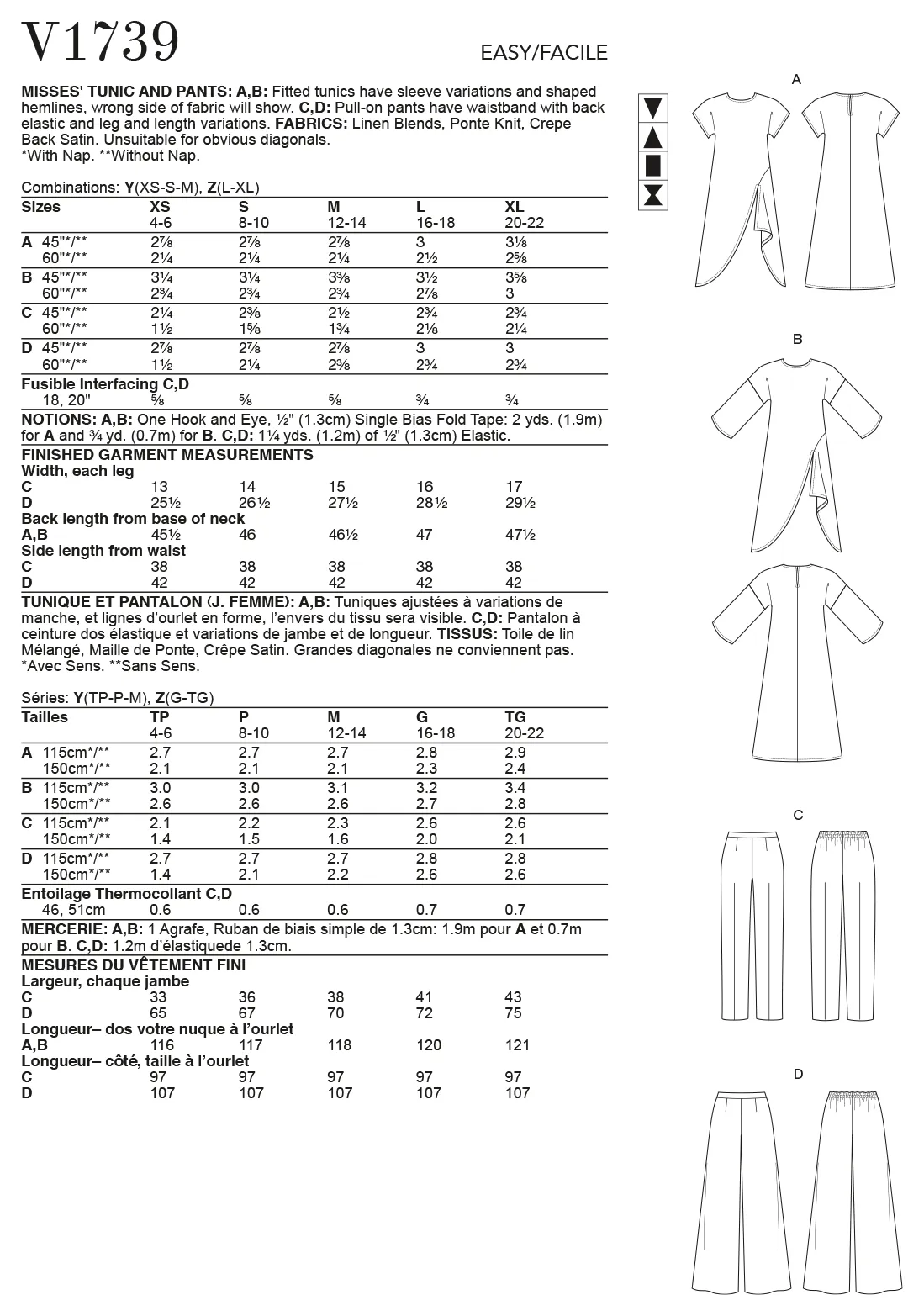 Vogue Pattern V1739 Misses' Tunic and Pants